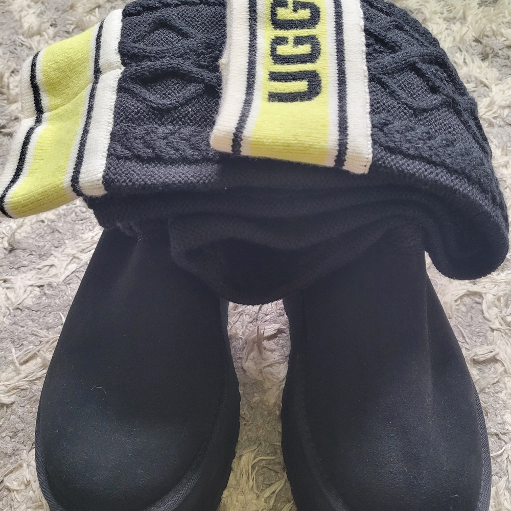 UGG Classic Sweater Lettter Tall Boots Black and Neon Over the Knee Boots.